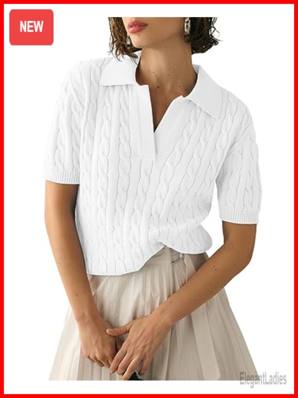 Womens Cable Knit Short Sleeve V Neck Lapel Sweater Top